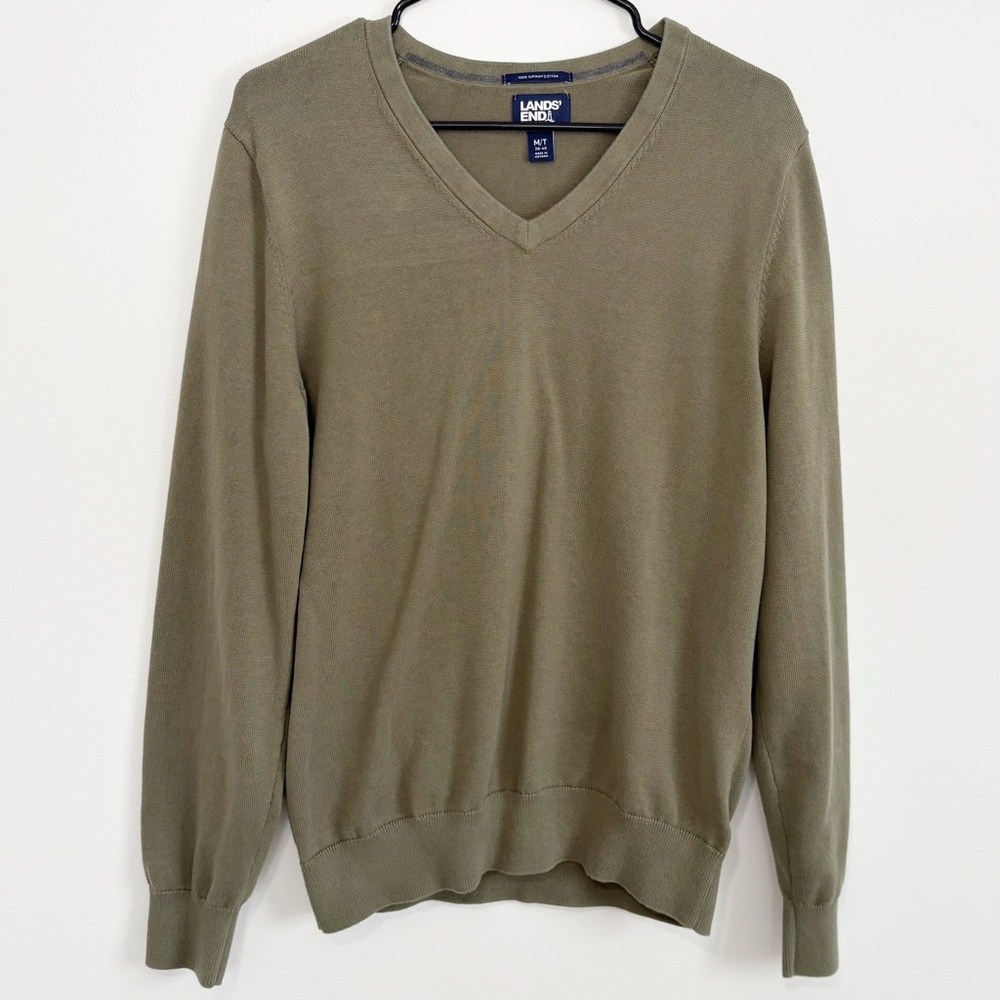 LANDS END 100% Cotton V Neck Sweater Olive Green Mens Medium Tall - Picture 1 of 8